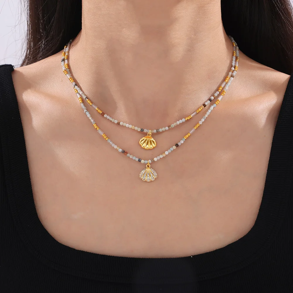 Colorful Natural Stone Beaded Necklace Women\'s Stainless Steel Gold Plated Luxury Rhinestone Shell Shaped Pendant Charm Jewelry