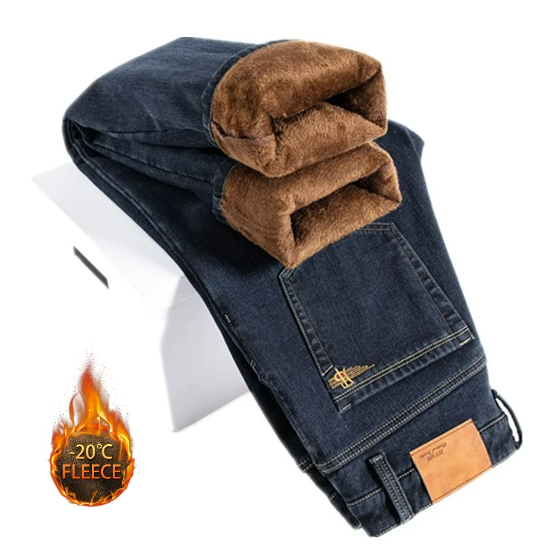 Men's Vintage Fleece Thermal Washed Denim Jeans Mid Rise Straight Classic Casual Pant Autumn Winter Versatile Plus Size Trousers