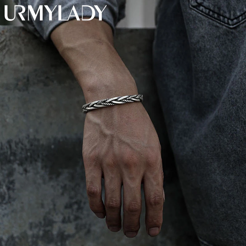 

925 sterling Silver Twisted Woven Bracelet man women Neutral Retro Original Handmade Opening bangle Fashion Party Jewelry Gifts