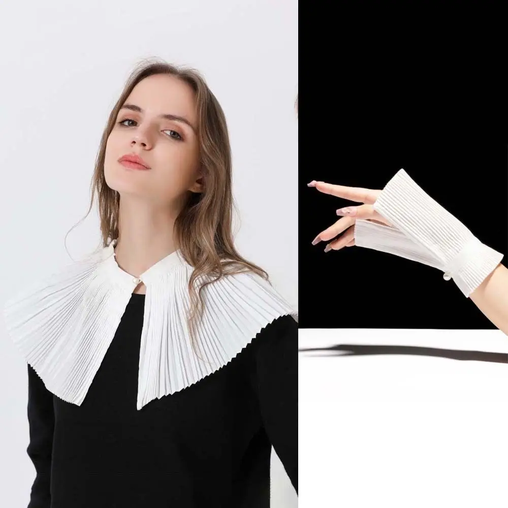 Detachable Dual-piece Set Organ Pleats Fake Collar Flared Fan-shaped Drape Adjustable Ribbon Tie Victorian Ruff Neck Choker