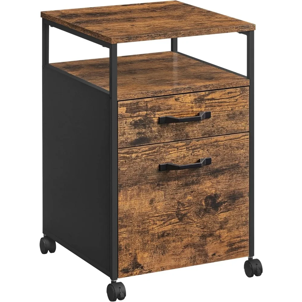 

File Cabinet, Mobile Filing Cabinet with Wheels, 2 Drawers, Open Shelf, for A4, Letter Size, Hanging File Folders, Rustic Brown