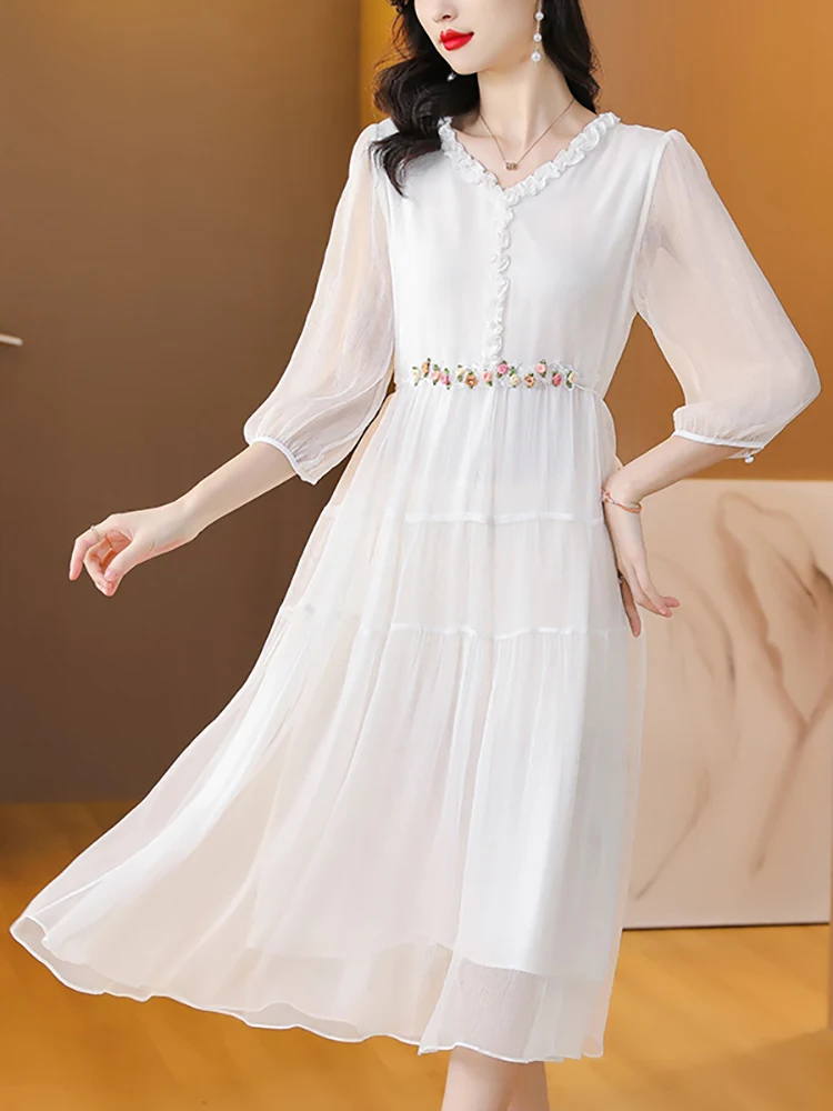 Boho weiß Chiffon Chic Applikationen Midi Kleid Frauen Sommer elegante Bodycon gekräuselte V-Ausschnitt Kleid 2024 koreanische Mode Freizeit kleid