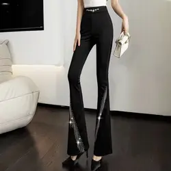 Kore moda elmas zincir yüksek bel Flare pantolon kadınlar yeni siyah elastik püskül ince seksi rahat yönlü düz pantolon