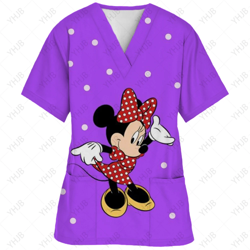 Disney Womens Nurse Style Scrub Tops Summer Mickey Mouse Cartoon Print Short Sleeve Uniform V Neck Summer Casual Tees