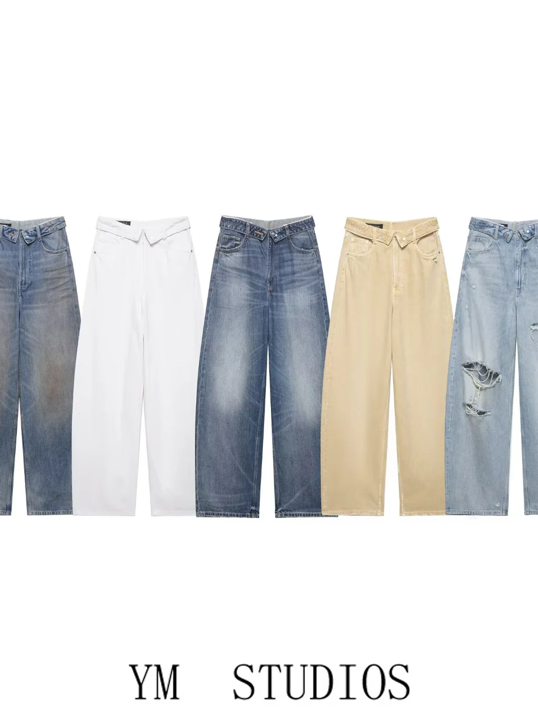 Street Style Vintage Dirty Feeling Ripped High Waist Wide Leg Jeans Women Fashionable Straight Cut Denim Pants for Girls