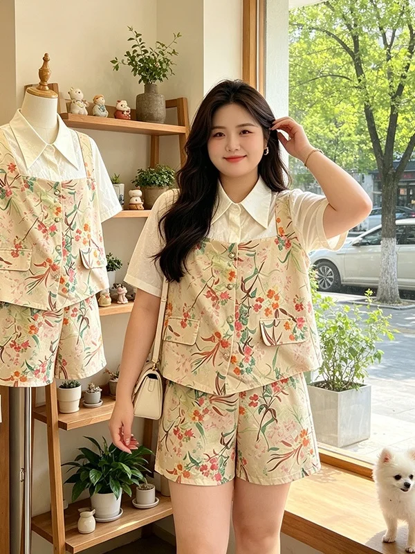 

Summer New Casual Floral Print Top And Shorts Two-Piece Set for Women plus Size Stylish Ensemble High Waist Short Pants