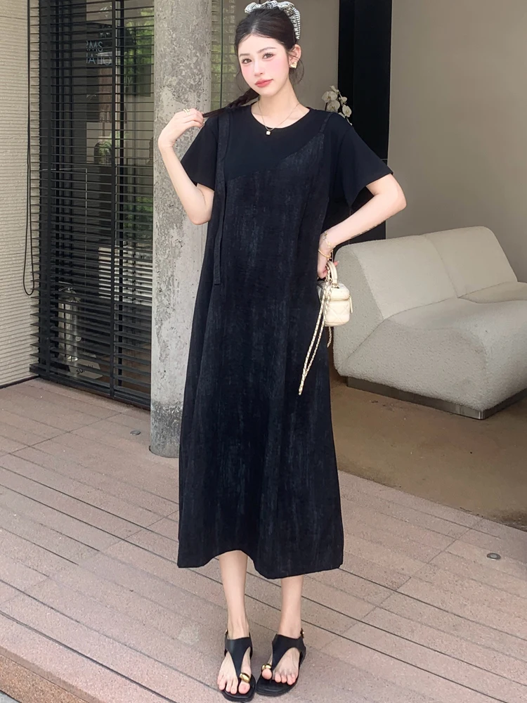 NYFS Zomerjurk 2025 Koreaanse Stijl vrouwen Losse plus Size Korte Mouw Twee vervalsingen t-shirt Lange Jurk Gewaad Elbise