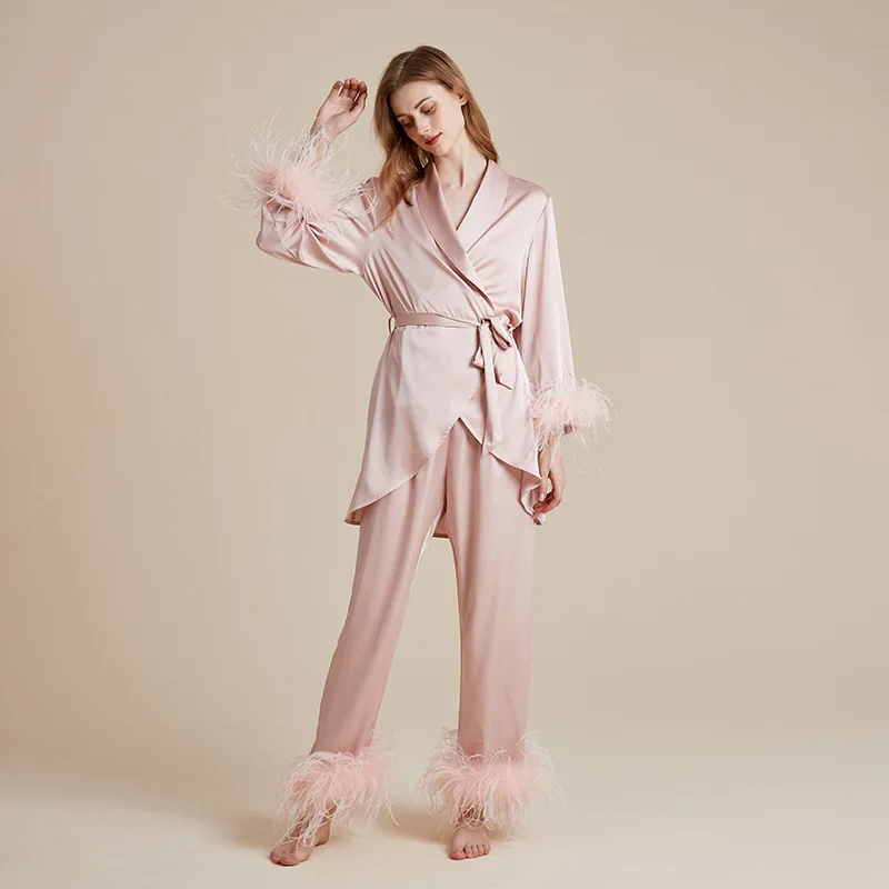 New Temperament French High Sense Pure Desire Wind Ice Silk Removable Feather Morning Robe Suspender Trousers Three-piece Set