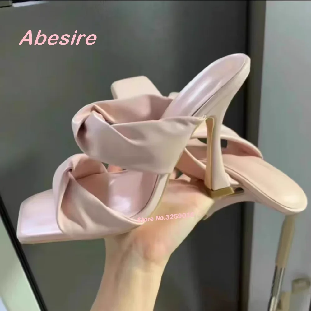 

Pink Twist Stiletto Heels Slippers Square Toe Satin Slip On Solid Mules 2025 New Arrival Fashion Women's Shoes Luxury Plus Size