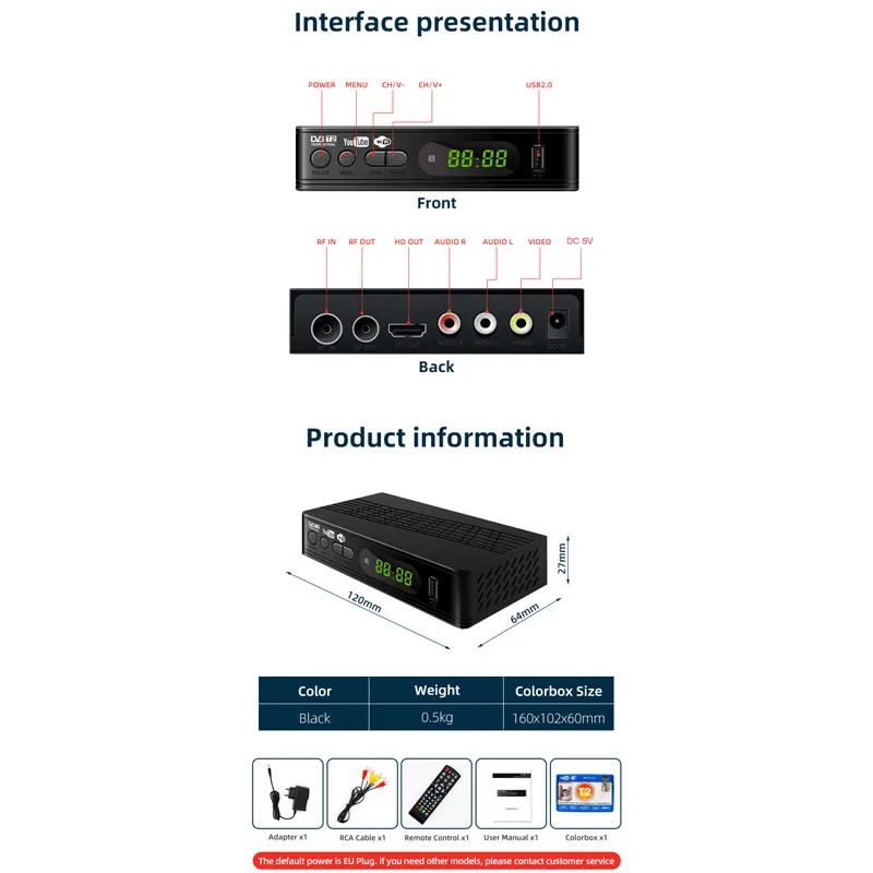 Digital DVB T2 DVB C H.264 Receptor de TV Terrestre HD 1080p Mini Sintonizador de TV Livre Digital Set Top Box Suporte Youtube TIK TOK IPTV