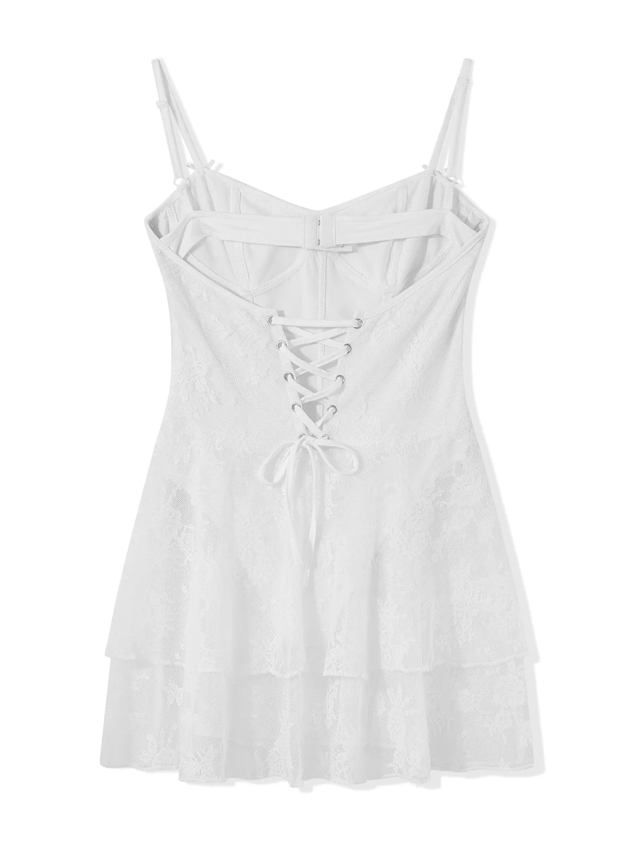 Women White Strap Lace Dress Summer Sexy Mini Cami Dress Sleeveless Backless Lace Floral Tiered Ruffle Hem Party Elegant Dress