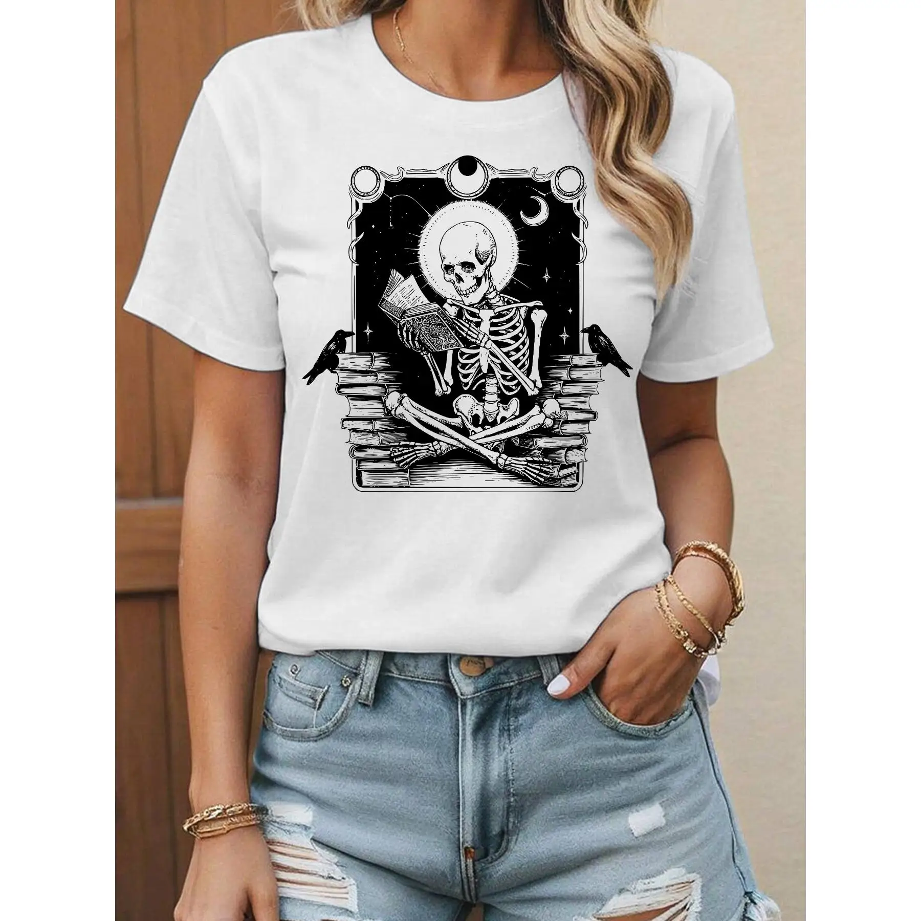 

Reading Skeleton T-shirt | Dark Academia Graphic Tee | Vintage Gothic Book Lover Top | Grunge Streetwear Short Sleeve Shirt