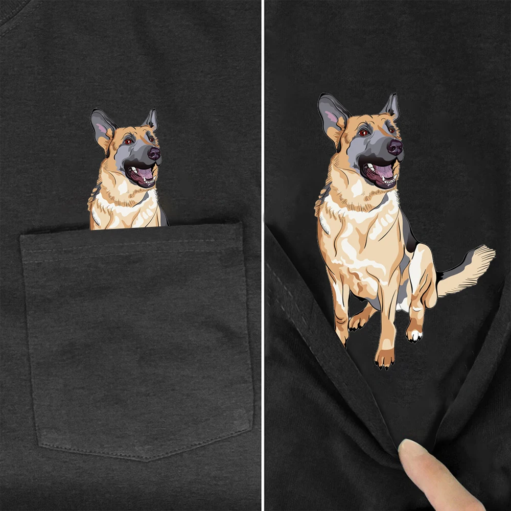 CLOOCL 100% Cotton T-shirts Cute Dog German Shepherd Pocket Tees Short Sleeve Hip Hop Tops Graphic Tee Woman Tshirts