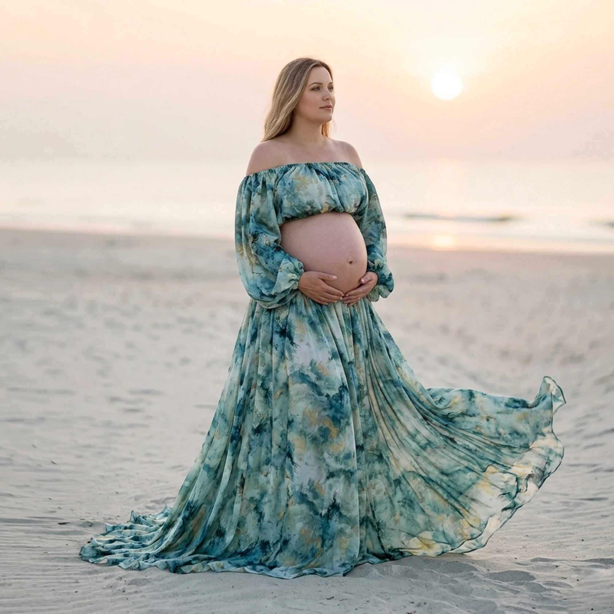 Don&Judy Off-the-Shoulder Two-Piece Gown with Puff Sleeves and Blue Tie-Dye Print Skirt Maternity and Non-maternity Photoshoot