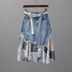 Gyaru Female Jeans Skirts Patchwork Midi Women's Denim Skirt Aesthetic Korean Fashion High Quality Offer Original Hot Cheap V