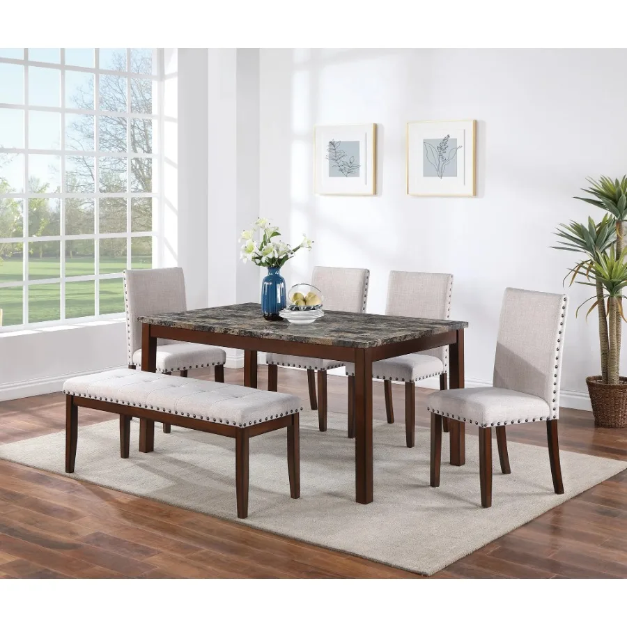 

Modern 6pcs Dining Room Furniture Set Beige Polyfiber Rubberwood Table Chairs Bench Faux Marble Top Nailheads