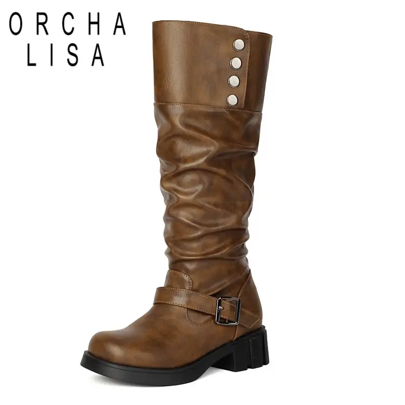 

ORCHA LISA 2025 Винтажные женские ботинки с круглым носком на толстом каблуке 4,5 см, без шнуровки с пряжкой на ремне, металлический декор, большие размеры 41 42 43 Leisure Bota