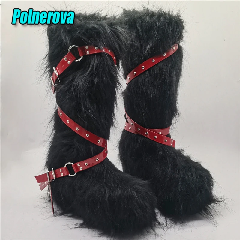 

Plush Fur Belt Buckle Knee High Boots for Women Winter Round Toe Wedge Platform Snow Boots Large Size Spice Girl Custom Shoes