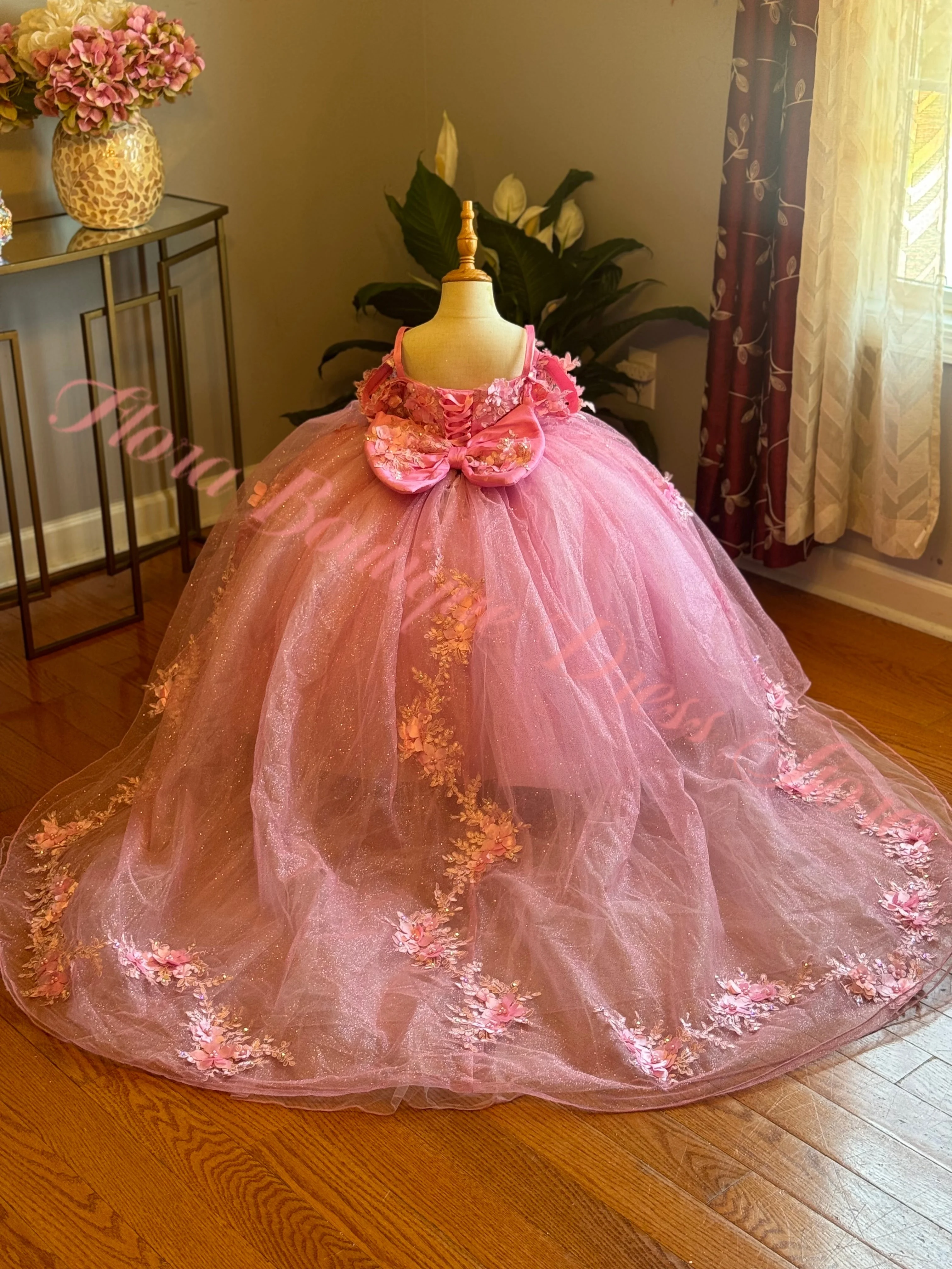 Customized Pink Flower Girl Dress Tulle Lace Floral Appliques With Bow For Wedding Birthday Party Prom Evening Banquet Gown