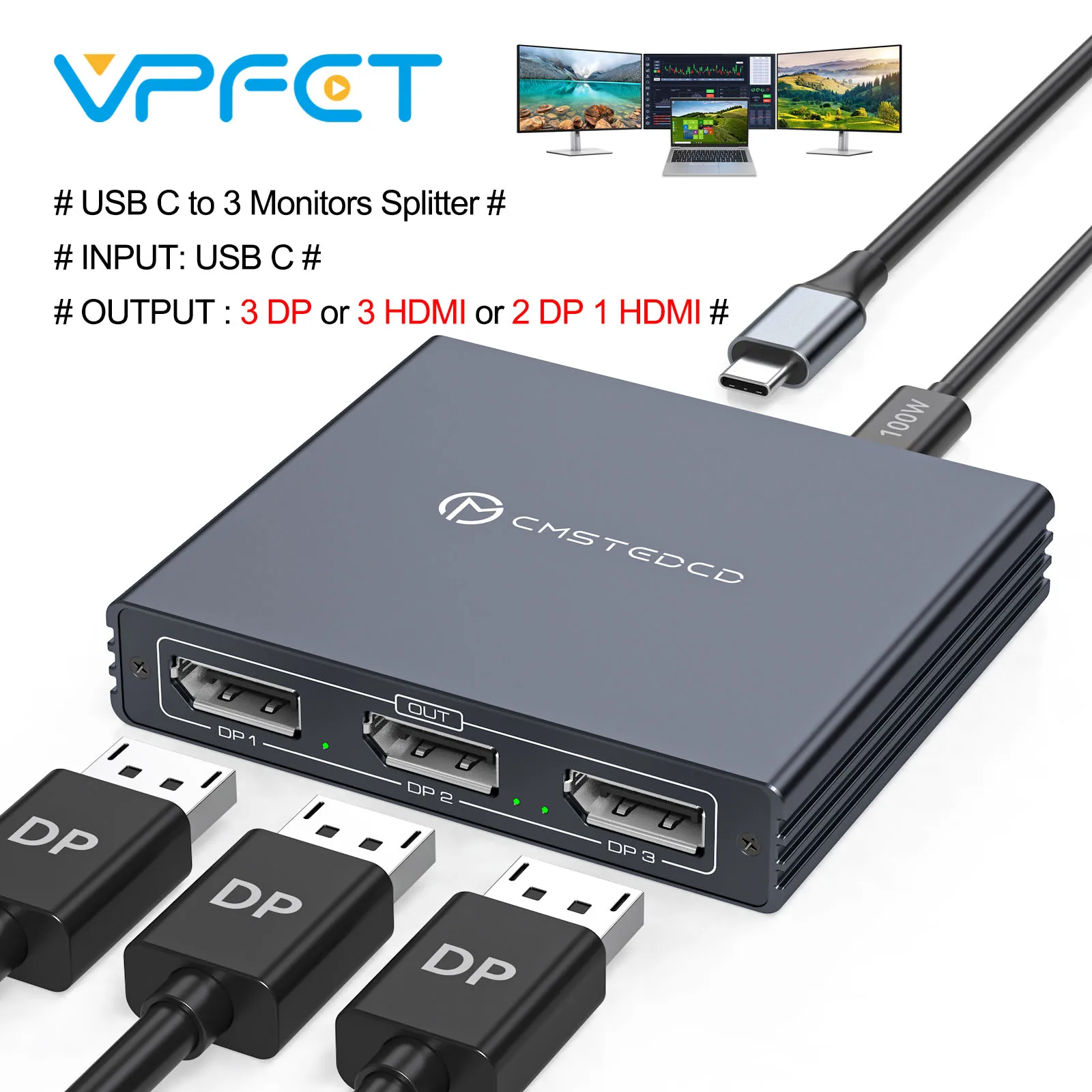 

USB C Splitter for 3 Monitor 4K@60Hz USBC Thunderbolt to HDMI DP Splitter 1 in 3 out Support PD100W charging share Multi Monitor