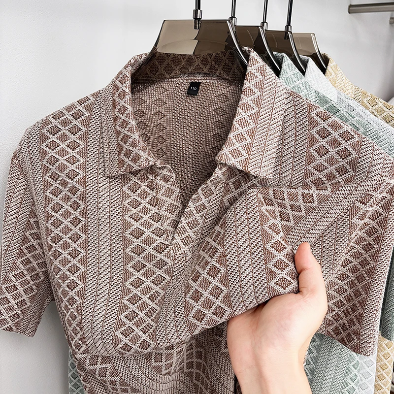 2026 New Men's Short-Sleeved Polo Shirt V-Neck Design Diamond-Pattern Jacquard Craftsmanship Business Casual Fashion Men's Wear