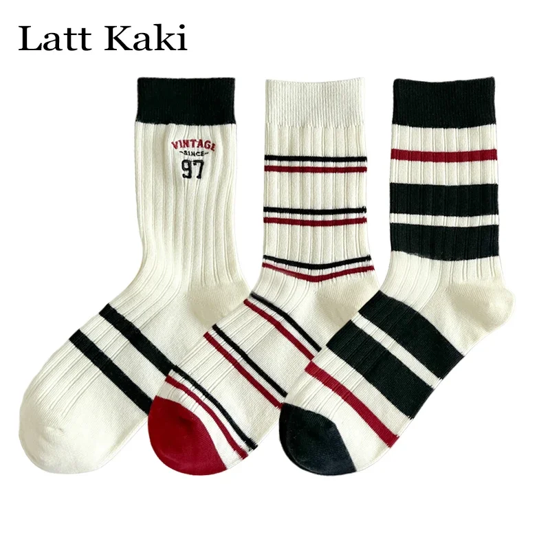 3 Pairs Per Lot Socks For Women New Casual Breathable Striped Socks Mixed-Color Embroidery Girls Crew Socks Multipack Trends