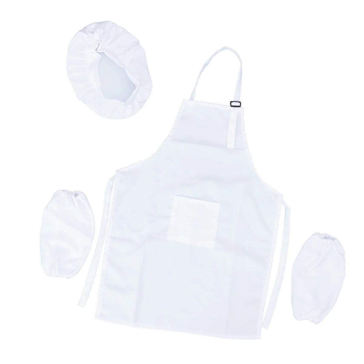 ชุดครัวเด็ก 3 ชิ้น ผ้ากันเปื้อนสีขาว หมวกยางยืด ปรับขนาดได้ พร้อมปลอกแขนสำหรับทำอาหาร