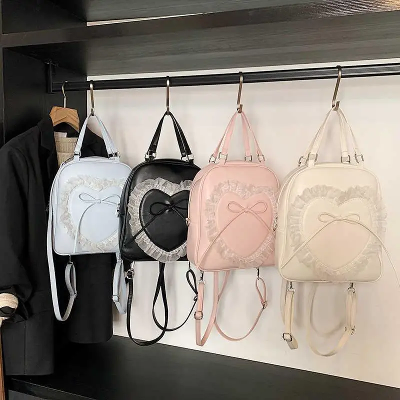 

Sweet Kawaii Lace Patchwork Heart Bow Handbags Japanese Chic Girls Women Preppy Schoolbags Y2k Aesthetic Casual Backpacks