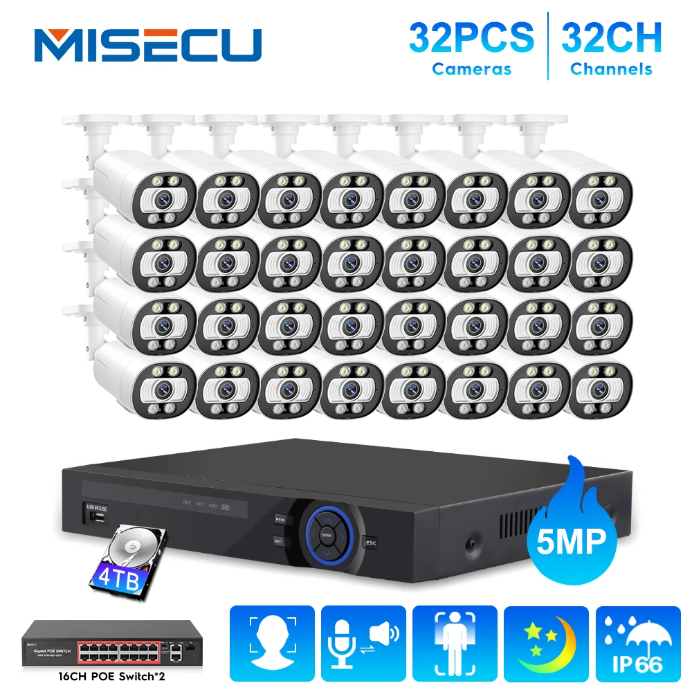 

MISECU 32CH NVR 5MP POE Security Protection System CCTV Video Surveillance Set Color Night Record Outdoor Camera Kit