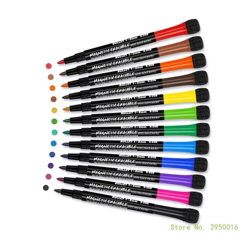 12 Assorted Colors Dry Wipe Pen Magnetic Markers Pen with Eraser, Dry Erases Pen Whiteboard Pens Dry Erases Marker Pens