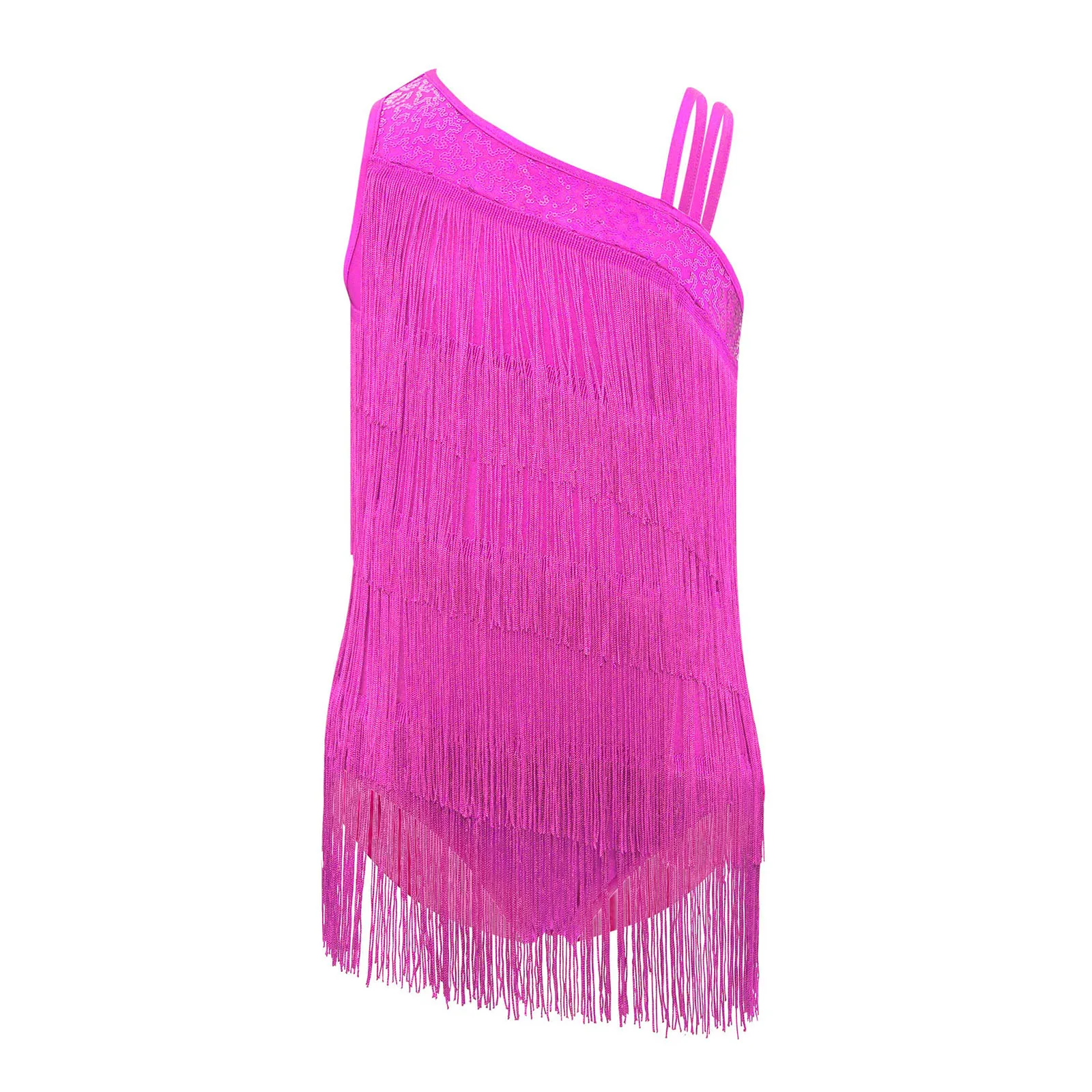 

Kids Girls Fringe Dress Modern Ballroom Salsa Latin Dance Costume Sleeveless Tiered Tassels Asymmetrical Leotard Dancewear