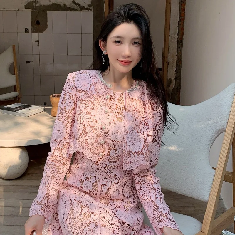 Luxury cardigan Pink water-soluble lace dress long sleeved cardigan top heavy temperament socialite style korean style clothes