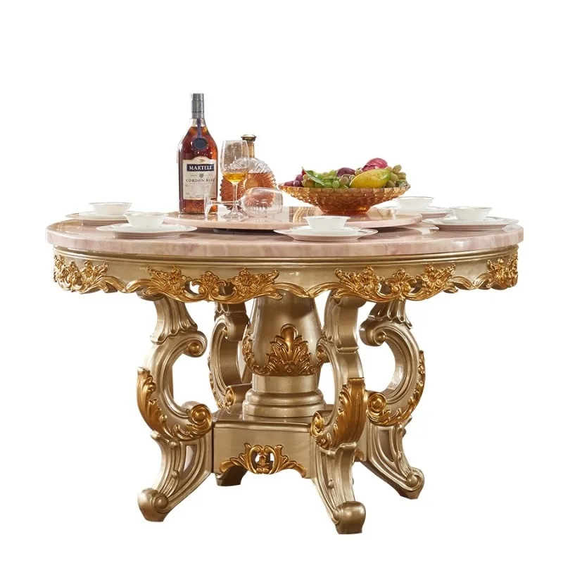 طاولة رخامية مستديرة من الخشب الصلب على الطراز الأوروبي مع طاولة طعام دوارة وكرسي مجموعة مطعم شامبانيا #1
