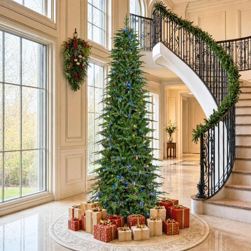 11ft Prelit Artificial Christmas Tree, Realistic Pencil Tree with 4,205 PE/PVC Tips, Radiant Slim Evergreen w/2,700