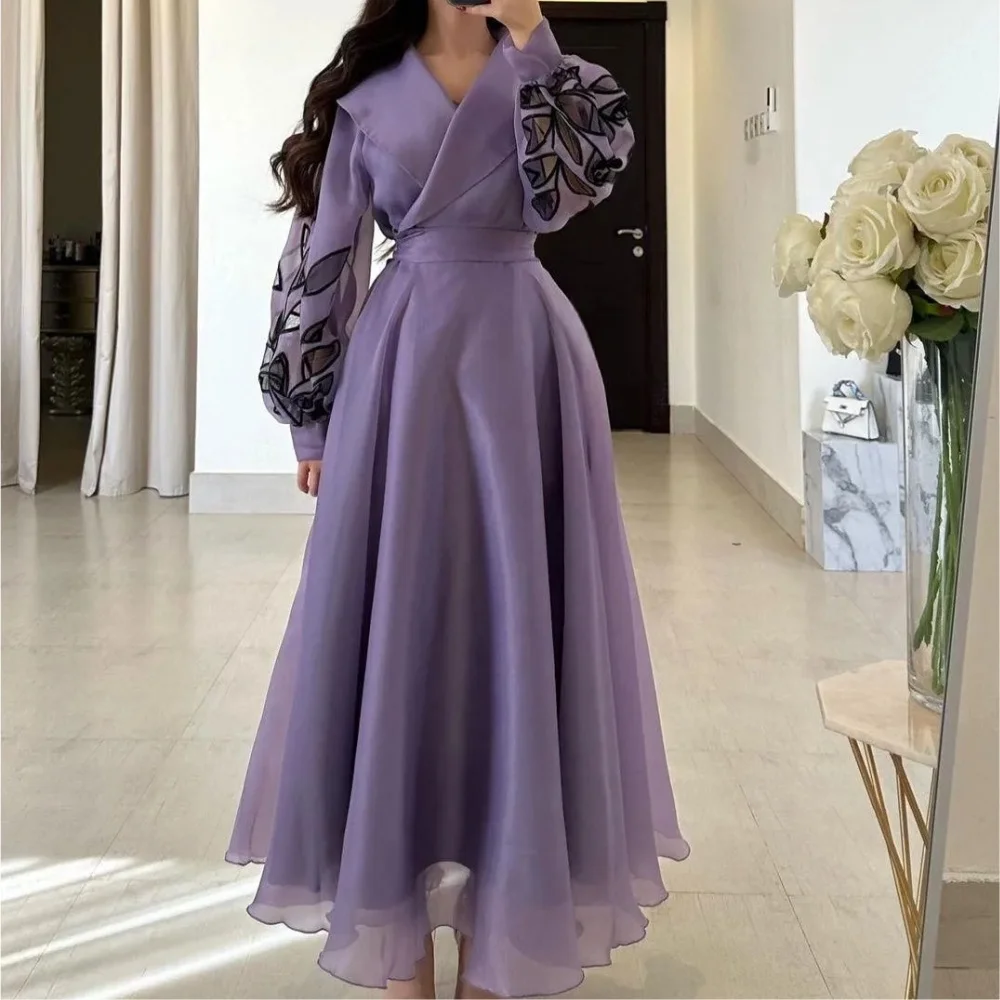 Muloong V-Neck Tea-Length Women Elegant And Pretty Luxury Prom Dress