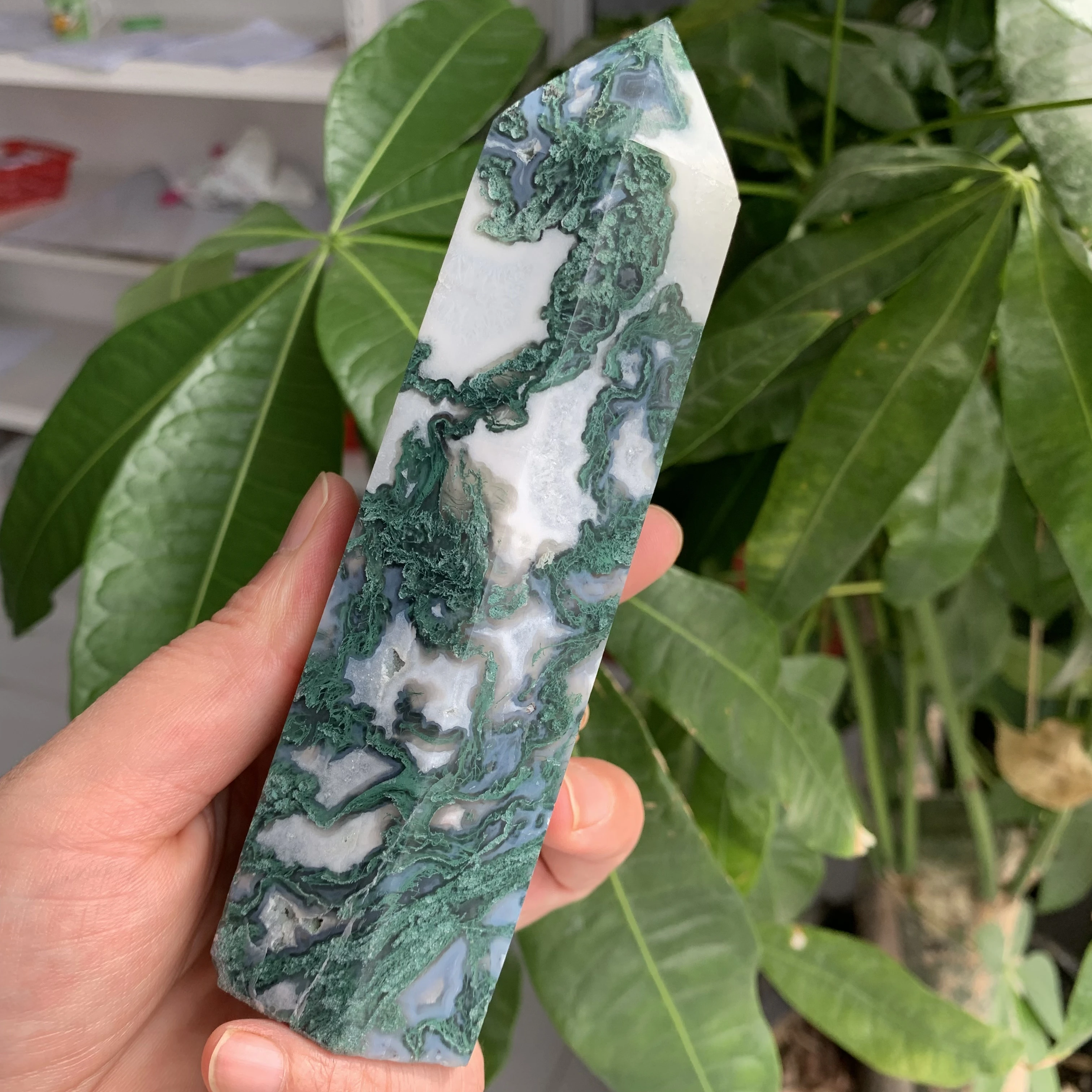 

Natural Moss Agate Obelisk Quartz Crystal Wand Tower Point Reiki Healing