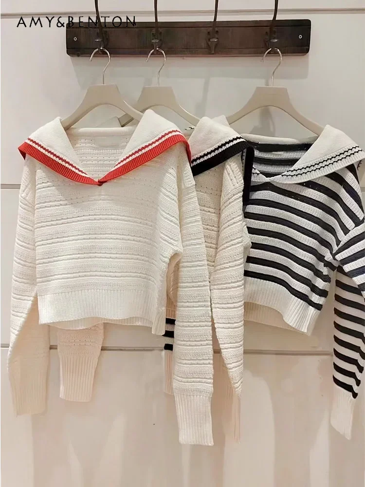 

Preppy Style Lapel Collar Striped Contrasting Knitted Sweater Japanese Sweet Girl Navy Collar Pullover Short Long-sleeved Jumper