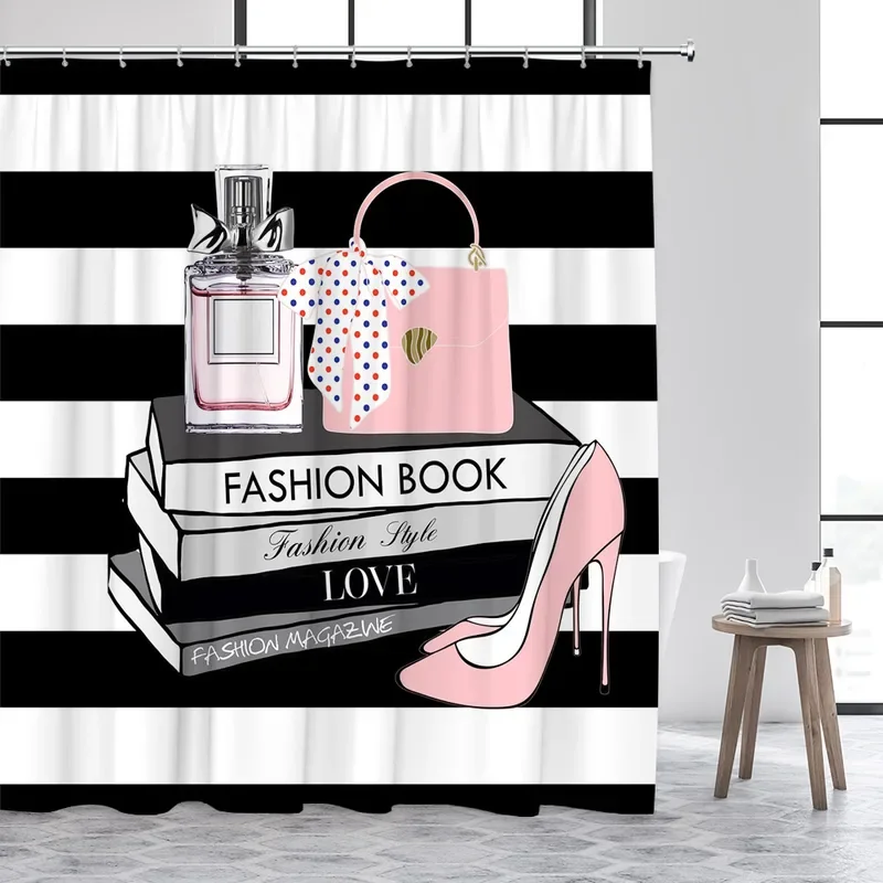 Fashion perfume shower curtains pink flowers butterfly high heel black white stripe women girls home decor bathroom curtain set