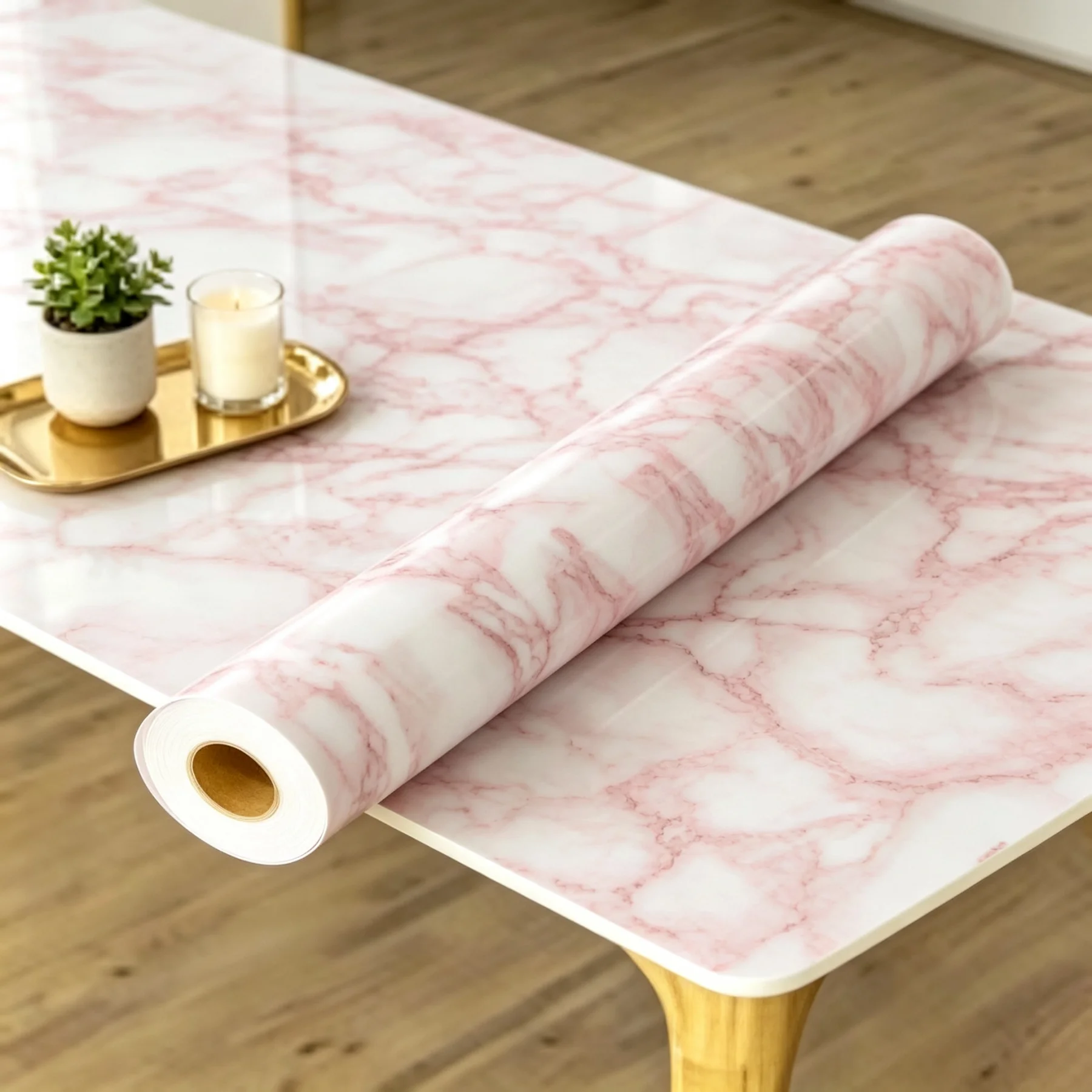 Pink Marble Self-Adhesive Wallpaper Glossy Waterproof Oil Proof Kitchen Countertop DecorGranite Contact Paper Sticker for Home