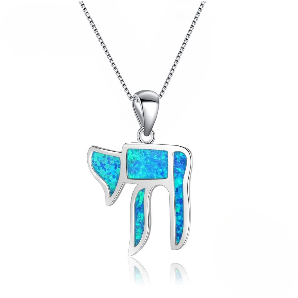 Hebräische Chai-Glücksanhänger-Halskette, jüdisches Symbol des Lebens, Schmuck, versilbert mit blauem Opal, einzigartiges bedeutungsvolles spirituelles Geschenk – Detail 4