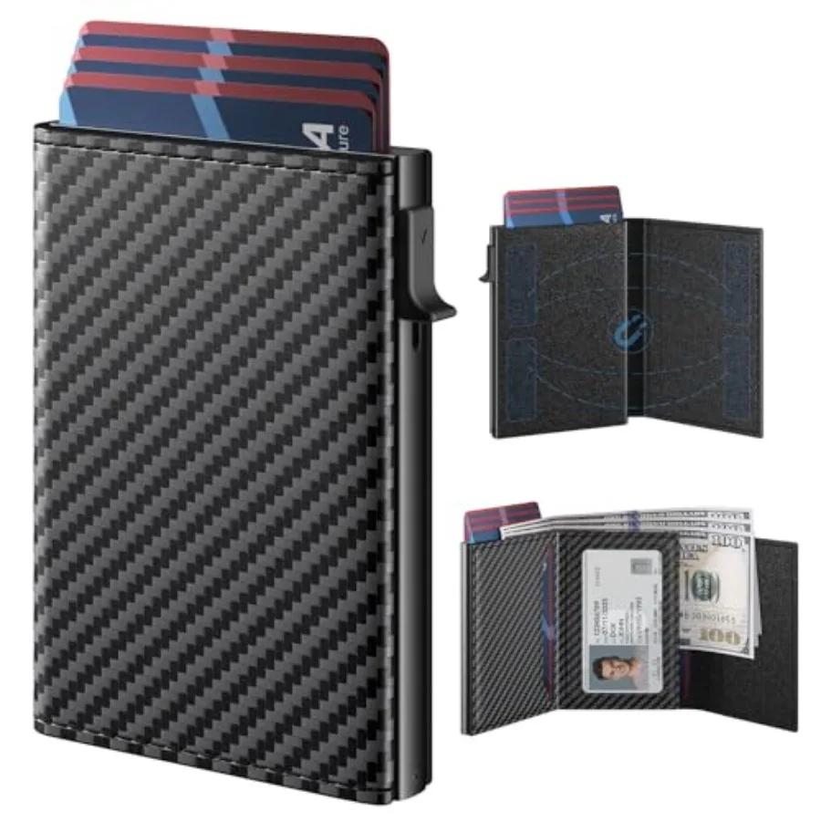 

Mens Wallet Card Holder: Pop Up Aluminum Case, Genuine Leather, Smart, RFID Blocking, Slim, Minimalist, Front Pocket - 9-14 Car