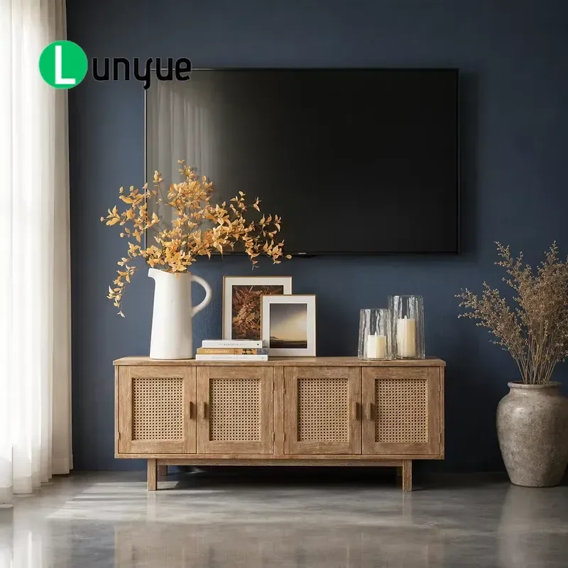 Farmhouse Rattan TV Cabinet with 2 Doors Solid Wood Feet Media Console Entertainment Center for Living Room Bedroom Storage