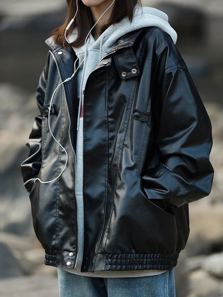 

Retro American Sle Pilot Leather Jaet for Men And Women Loose Fit Stand Collar PU Leather Motorcycle Jaet Spring Autumn