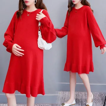 Maternity Autumn Winter Thick Warm Knitted Maternity Long Sweater A Line Slim Dress Clothes for Pregnant Women Fashion Pregnancy