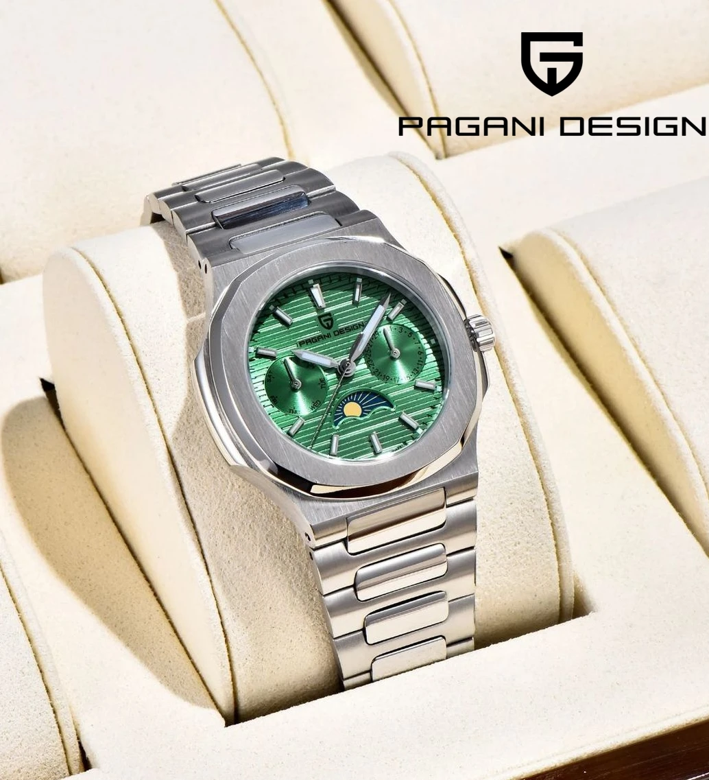 PAGANI DESIGN PD-1786 Relojes de cuarzo para mujer Reloj de pulsera resistente al agua de acero inoxidable de lujo de 32 mm con fase lunar