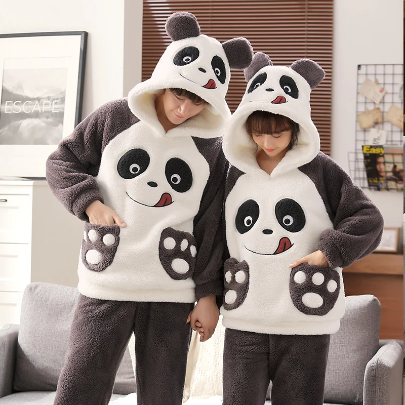 2024 New Winter Couple Pajamas Sets Thicken Women Men Pajama Sleepwear Cartoon Soft Warm Lovers Adult Homewear Hoodies Pyjamas