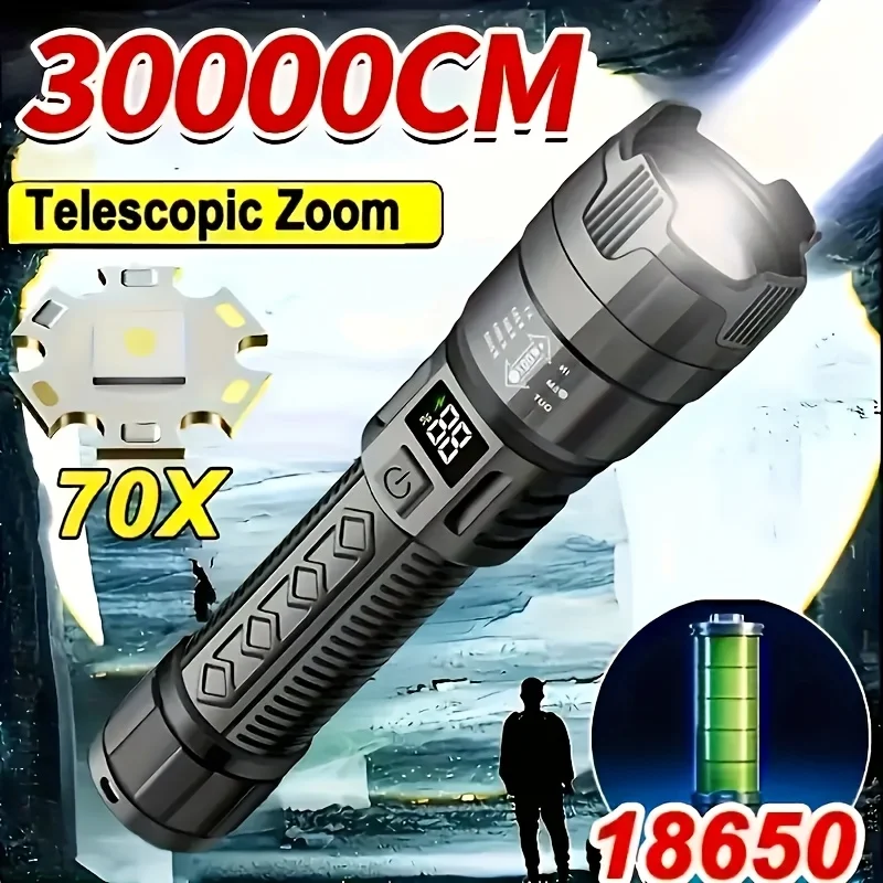1pc LED Tactical Flashlight with Digital Display, Telescopic Zoom,USB Type-C Fast Charging,Outdoor Portable Emergency Flashlight