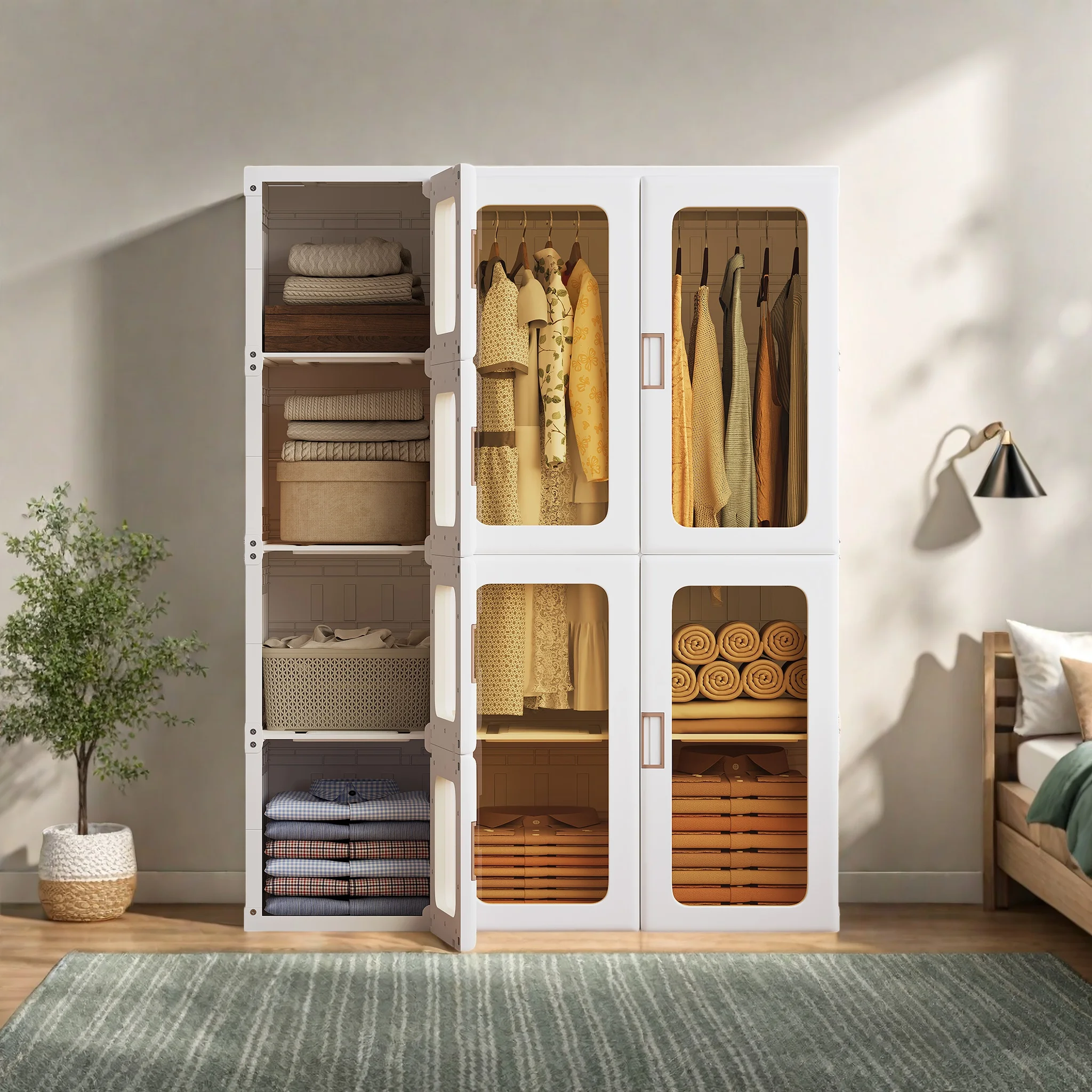 Comanlai, zusammenklappbarer, weißer Kleiderschrank, 104 × 50 × 136 cm, Kunststoff-Aufbewahrungsschrank mit 2 Kleiderstangen und transparenten, magnetischen PET-Türen, tragbarer Kleiderorganizer aus