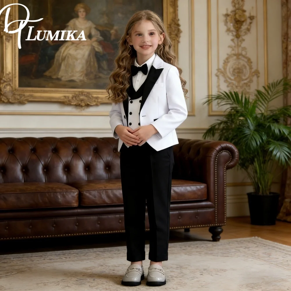 Popular Girls Suit Set Classic Black White Girls Tuxedo 2026 Romantic  Childrens Formal Wear Jacket Vest Pants Bow Tie
