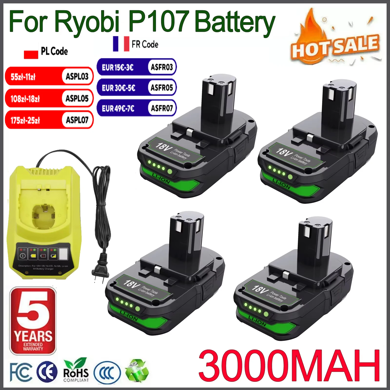 Batterie de remplacement 3000mah pour Ryobi 18V Li-ion, pour outils électriques sans fil Ryobi P107 P108 RB18L50